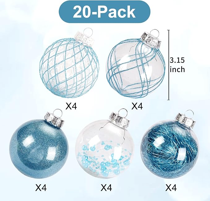 Christmas Ball Ornaments Set, 20ct Large Clear Shatterproof 80mm/3.15" Blue Christmas Ornaments for Christmas Tree Decorations Hanging Decorative Baubles for Baby Shower Xmas Party Decor