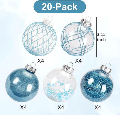 Christmas Ball Ornaments Set, 20ct Large Clear Shatterproof 80mm/3.15" Blue Christmas Ornaments for Christmas Tree Decorations Hanging Decorative Baubles for Baby Shower Xmas Party Decor