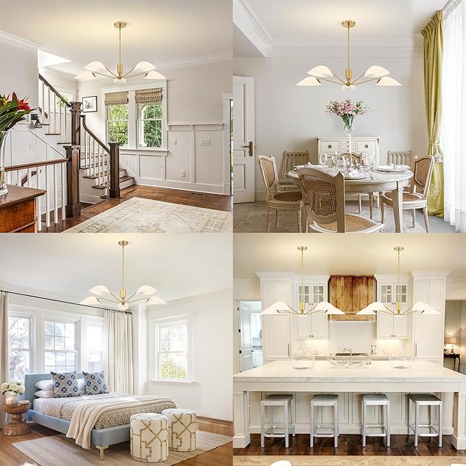 MEXO Modern Glass Chandeliers, Sputnik Chandelier Gold Pendant Lighting Fixture Glass Shade Ceiling Light for Dining Room Kitchen Island