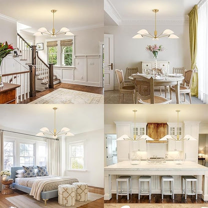 MEXO Modern Glass Chandeliers, Sputnik Chandelier Gold Pendant Lighting Fixture Glass Shade Ceiling Light for Dining Room Kitchen Island