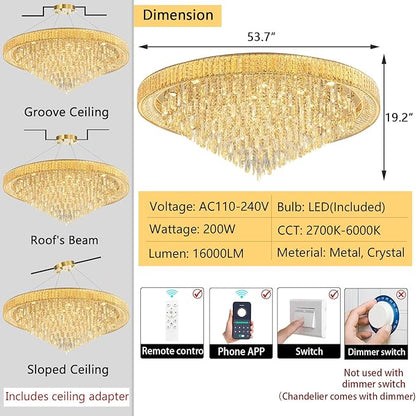 53.7'' Modern Crystal Big Large Chandeliers LED Dimmable Flush Mount Ceiling Chandeliers for Living Room High Ceiling Entrance Foyer Lobby Bedroom Gold