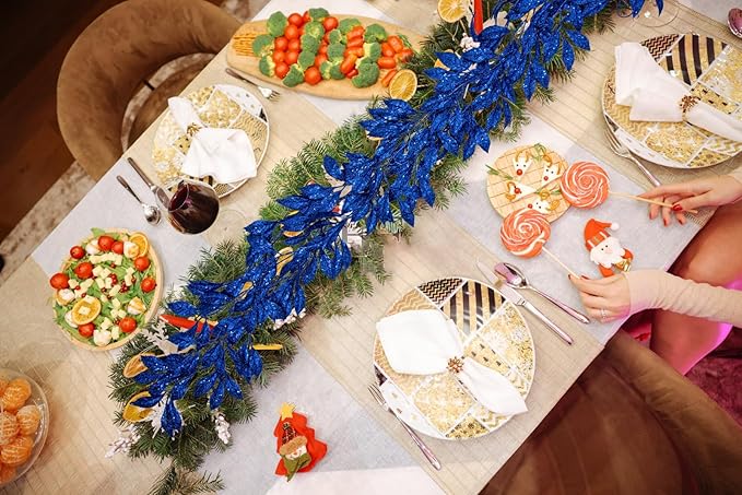 3 Pcs 6FT Christmas Garland Blue Glittered Artificial Magnolia Leaves for Mantle Christmas Tree Decorations Indoor Outdoor Hanging Garland Ornaments Garden Door Wall Window Stair Holiday Home Decor