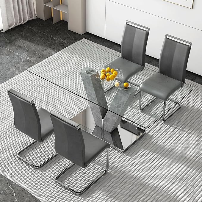 71" Glass Dining Table Set for 4, 5-Piece Table Set, Kitchen Table and 4 PU Leather Chairs, Dining Table Set Ideal for Living Room