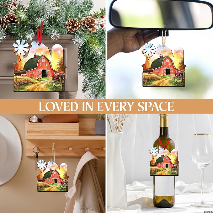 OASSIE Christmas Farmer Gifts for Women Men - Wooden Rustic Farmhouse Ornaments for Tree Decorations - Red Barn Rustic Gifts for Farmers, Farmhouse Christmas Decor, Xmas Gift for Farmer