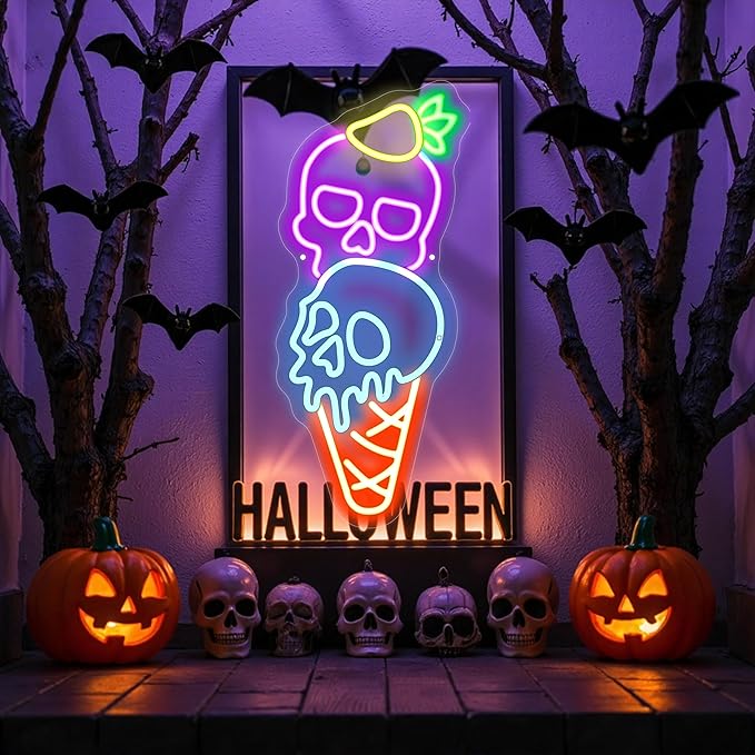 Ice Cream Skull Neon Sign, Quirky Gothic LED Wall Art,Skull Neon Light Ice Cream Neon Lighht Halloween Decor Wall Halloween Neon Sign Coffee Shop Decor, Christmas Party Bar Drink Shop-Purple