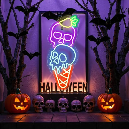 Ice Cream Skull Neon Sign, Quirky Gothic LED Wall Art,Skull Neon Light Ice Cream Neon Lighht Halloween Decor Wall Halloween Neon Sign Coffee Shop Decor, Christmas Party Bar Drink Shop-Purple
