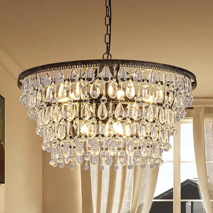 Vintage Crystal Chandeliers for Dining Room Light Fixture, 9-Light 5-Tier Antique Bronze Chandelier for Kitchen Island Bar Living Room Foyer Entryway, D28'' xH17''