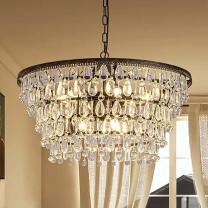 Vintage Crystal Chandeliers for Dining Room Light Fixture, 9-Light 5-Tier Antique Bronze Chandelier for Kitchen Island Bar Living Room Foyer Entryway, D28'' xH17''