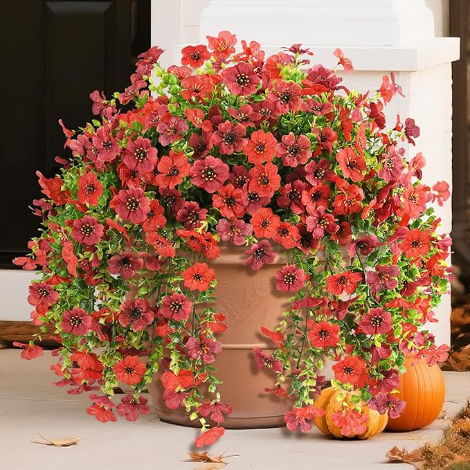 INQCMY 2Pcs Artificial Flowers for Outdoors UV Resistant Artificial Plants Easy Assembly for Spring Decor Look Real Faux Hanging Flowers for Outside Home Planter Porch Patio Decor