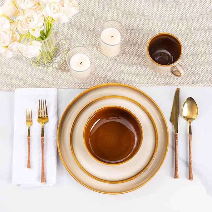 LERATIO Ceramic Dinnerware Sets for 12, 36 Pieces Plates and Bowls Sets, Reactive Glaze Dishes -Scratch Resistant, Dishwasher&Microwave Safe&Oven Safe-Kahki