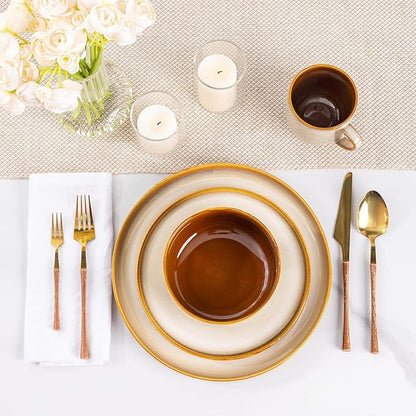 LERATIO Ceramic Dinnerware Sets for 12, 36 Pieces Plates and Bowls Sets, Reactive Glaze Dishes -Scratch Resistant, Dishwasher&Microwave Safe&Oven Safe-Kahki