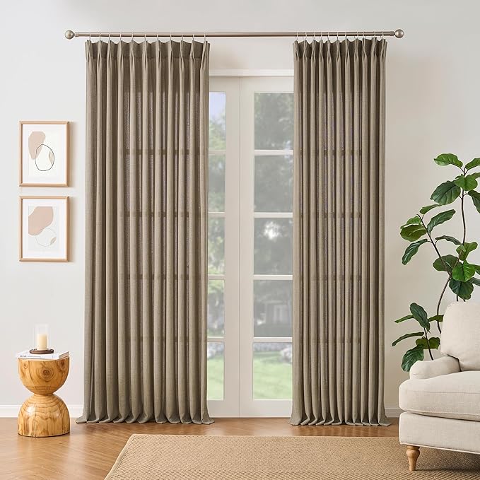 RAIN CITY 100 Inch Long Curtains Linen Khaki, Sheer Pinch Pleated Window Drapes Light Filtering Privacy Mid Century Modern Curtains for Bedroom Living Dining Room 50 by 100