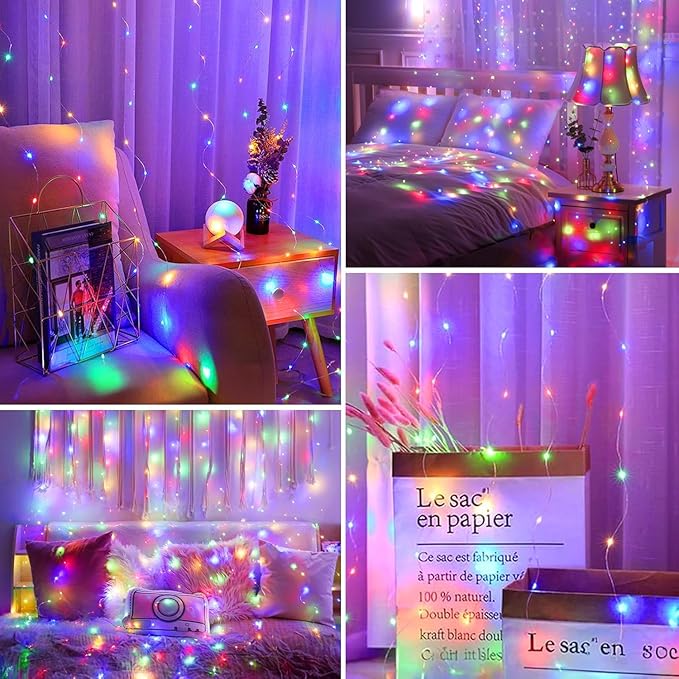 Minetom Curtain Lights, 300 LED Dimmable Fairy Lights with Remote and Timer, 8 Modes, USB Powered String Lights for Room Wall Party Xmas Indoor Decor, Multicolor