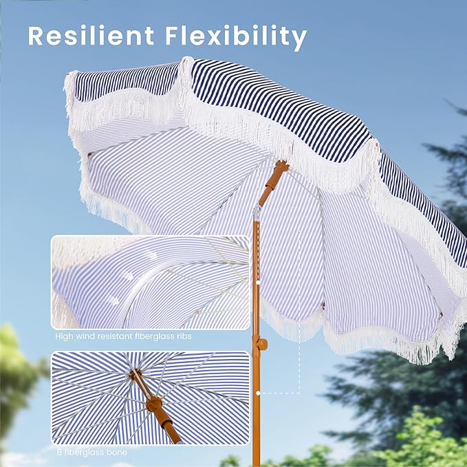 PHI VILLA 7ft Beach Umbrella with Fringe & Sand Anchor, Outdoor Patio Heavy Duty Windproof Portable Tassel Umbrellas for Sand with Push Button Tilt & Carrying Bag, UPF 50+, Stripe Blue & White