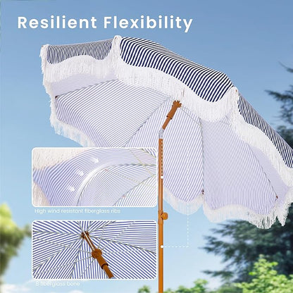 PHI VILLA 7ft Beach Umbrella with Fringe & Sand Anchor, Outdoor Patio Heavy Duty Windproof Portable Tassel Umbrellas for Sand with Push Button Tilt & Carrying Bag, UPF 50+, Stripe Blue & White