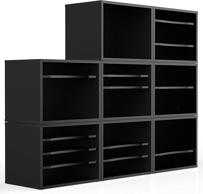 FITUEYES Wood Desk Paper Organizer with 4 Tiers Storage, Desktop File Holder, Document Letter Sorter with Adjustable Shelves, Home Office Wooden Mail Rack, Black