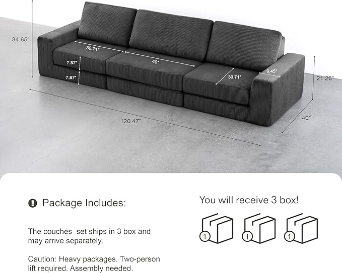 120.47‘’ Boneless Couch Cloud Modular Sectional Couches for Living Room, Oversize L-Shape Sofa with Deep Seat, Plush Corduroy 3-Seater Cloud Sofa, No Assembly Required