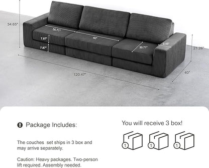 120.47‘’ Boneless Couch Cloud Modular Sectional Couches for Living Room, Oversize L-Shape Sofa with Deep Seat, Plush Corduroy 3-Seater Cloud Sofa, No Assembly Required