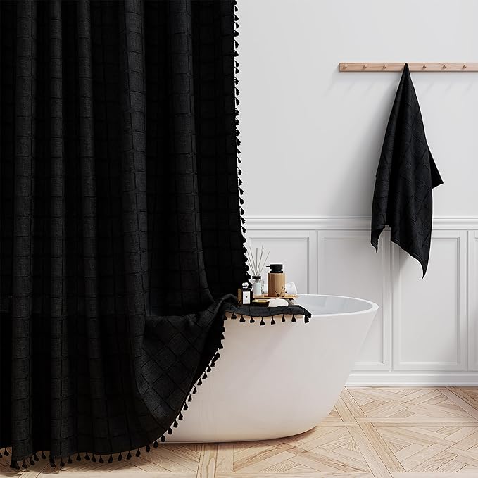 BTTN Boho Shower Stall Curtain - 36x72 Narrow Linen Ultra Thick Tassel Fabric Shower Curtain Set with 6 Plastic Hooks, Half Modern Farmhouse Country Weighted Shower Curtains for Bathroom - Black