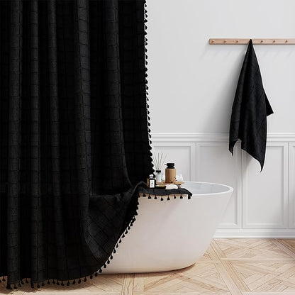 BTTN Boho Shower Stall Curtain - 36x72 Narrow Linen Ultra Thick Tassel Fabric Shower Curtain Set with 6 Plastic Hooks, Half Modern Farmhouse Country Weighted Shower Curtains for Bathroom - Black
