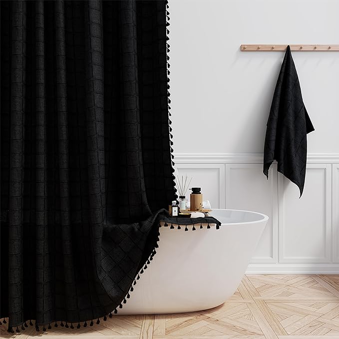 BTTN Stall Fabric Shower Curtain - 54 x 78 Inches Boho Linen Heavy Duty Tassel Shower Curtain Set with 10 Hooks, Narrow Rustic Modern Farmhouse Bohemian Thick Shower Curtains for Bathroom - Black