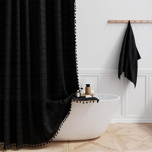 BTTN Stall Fabric Shower Curtain - 54 x 78 Inches Boho Linen Heavy Duty Tassel Shower Curtain Set with 10 Hooks, Narrow Rustic Modern Farmhouse Bohemian Thick Shower Curtains for Bathroom - Black