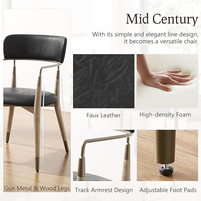 Art Leon Dining Chairs Set of 4 - Mid Century Modern Dining Room Chairs, Faux Leather Upholstered with Open Backrest, Wishbone Chair with Wood Legs, Black, CC084