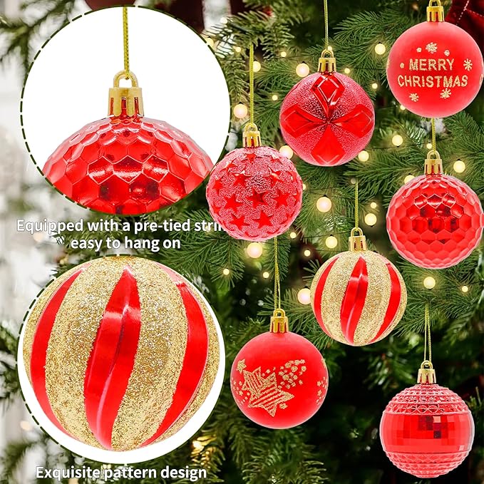 40PCS 2.36" Christmas Balls Ornaments, Plastic Christmas Tree Ornaments, Holiday Baubles, Hanging Decorations for Xmas Trees Holiday Party, Red Baubles