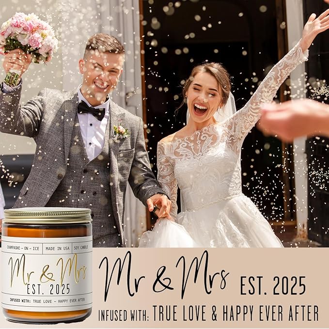 Wedding Gifts for Couples 2025, Bridal Shower Gifts from Bride - 'Mr & Mrs Est. 2025 Candle, w/Champagne on Ice I Wedding Shower for Newlyweds I 50Hr Burn, USA Made