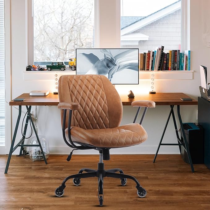 YFO Home Office Chair Office Rubber Casters Ergonomic Computer Chair with Lumbar Support Adjustable Height Rolling Swivel Executive Task Armrests Chair， Brown Leather