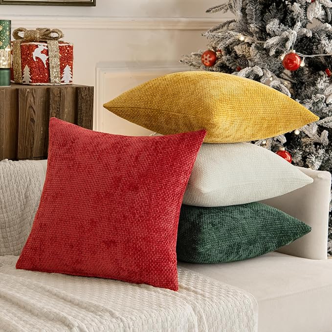 MIULEE Christmas Red Pack of 4 Throw Pillow Covers 20x20 Inch Soft Decorative Chenille Pillow Covers Farmhouse Accent Cushion Covers for Boho Home Decor Bedroom Living Room