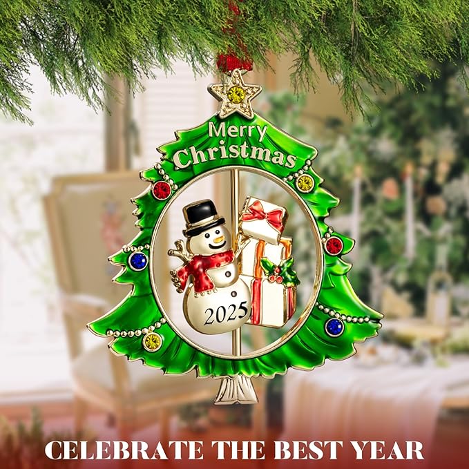 Christmas Tree Ornament Metal Silver Hanging Rotatable Design Charm Holiday Decorative Pendant Gift Keepsake (Golden Snowman 2025)