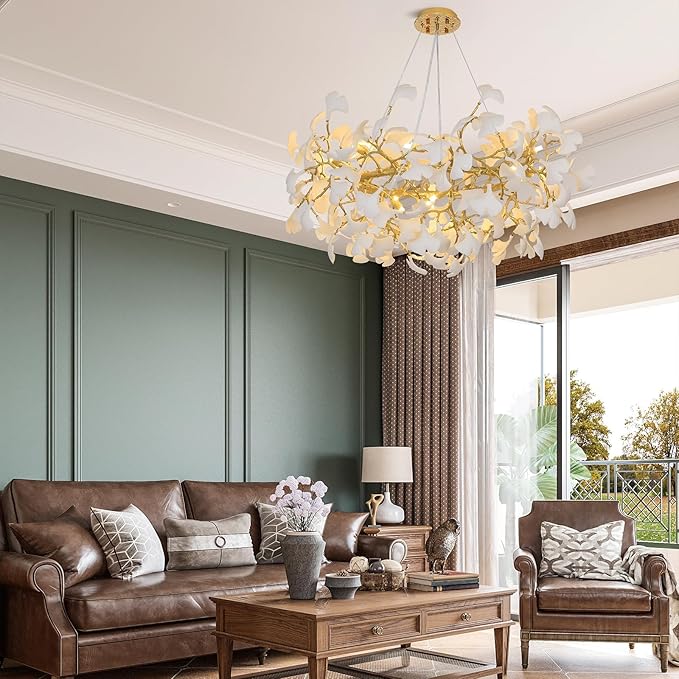 Modern Gold and White Tree Branches Chandeliers for Living Room, 48''Modern Rounde Ceramic Ginkgo Leaf Chandelier, Dining Room Chandelier Over Table, for Foyer, Bathroom, Bedroom