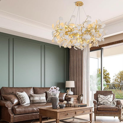 Modern Gold and White Tree Branches Chandeliers for Living Room, 48''Modern Rounde Ceramic Ginkgo Leaf Chandelier, Dining Room Chandelier Over Table, for Foyer, Bathroom, Bedroom