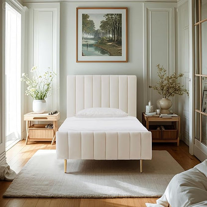 Livinia Twin Size Elton Velvet Platform Bed, Upholstered Bed Frame with Vertical Channel Tufted Headboard Footboard, Strong Wood Slats, No Box Spring Needed, Ivory (Twin)