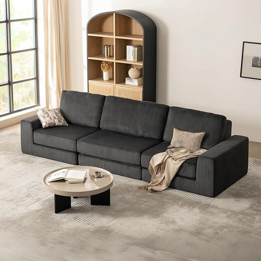 120.47‘’ Boneless Couch Cloud Modular Sectional Couches for Living Room, Oversize L-Shape Sofa with Deep Seat, Plush Corduroy 3-Seater Cloud Sofa, No Assembly Required