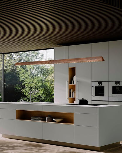 71" Wood Linear Pendant Light, Dimmable Kitchen Island Lighting with Remote, 30W LED Island Lights for Kitchen, Adjustable Linear Chandelier for Dinning Room Light Fixture, Bar, Pool Table - Walnut