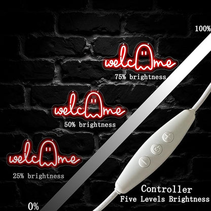 Welcome Ghouls Neon Sign, Spooky Ghost LED Halloween Decor, Haunted House Entryway Light, Available Gothic Haunted Mansion Light for Bedroom Bar Cave Room Decor Party Home-Red