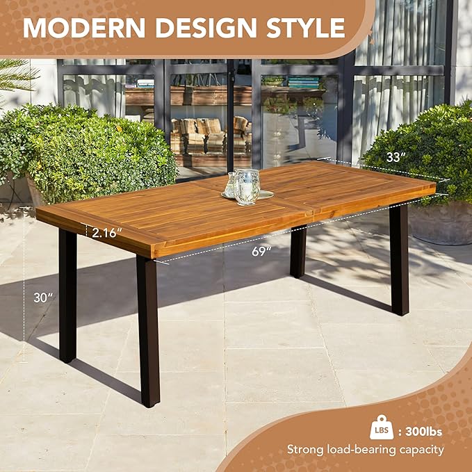 Devoko Home Acacia Wood Dining Table 6-Person Indoor Outdoor Table with Iron Legs, Sandblast Finish, Natural Stained, Rustic Metal, 69 * 33 * 30 inch (Natural)