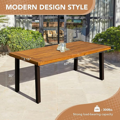 Devoko Home Acacia Wood Dining Table 6-Person Indoor Outdoor Table with Iron Legs, Sandblast Finish, Natural Stained, Rustic Metal, 69 * 33 * 30 inch (Natural)
