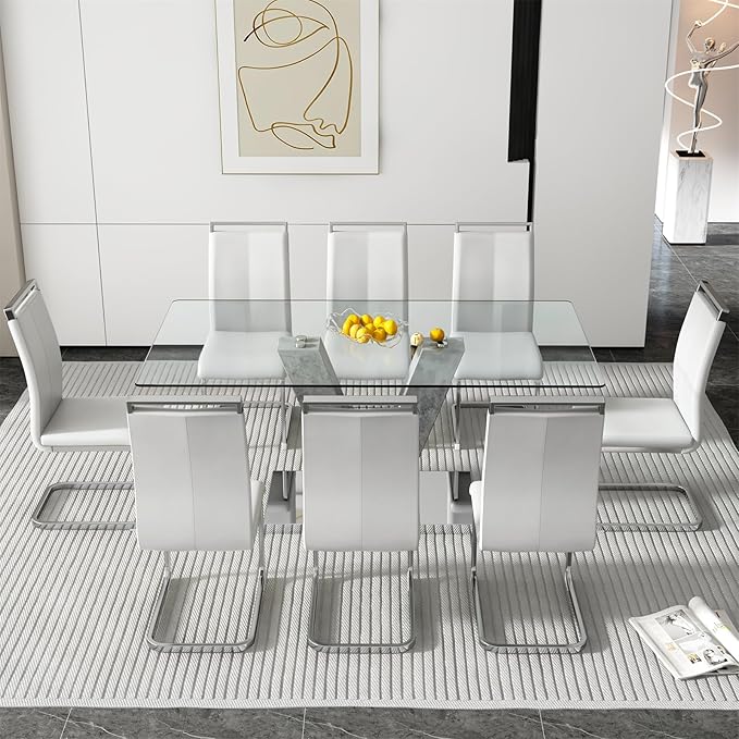 71" Glass Dining Table Set for 8, Kitchen Table and 8 PU Leather Chairs, Tempered Glass Top and MDF Base, 9-Piece Table Set Ideal for Living Room