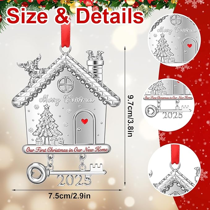 New Home Christmas Ornament 2025, Our First Christmas in New Home House Ornament with 2025 Key Design, Housewarming Gift for New Homeowners, Metal Xmas Tree Decoration Keepsake