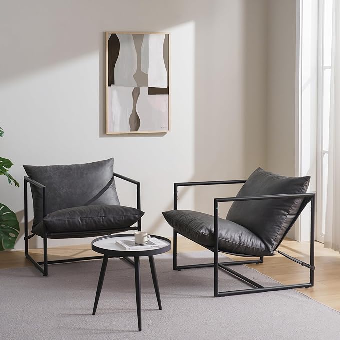 ZINUS Aidan Faux Leather Sling Accent Chair, Metal Framed Armchair with Shredded Foam Cushioning, Slate Grey