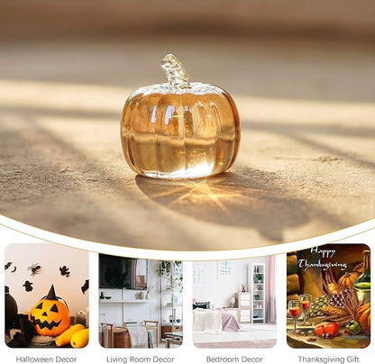 HDCRYSTALGIFTS 2.8’’ Crystal Pumpkin Figurine Art Glass Pumpkins for Decorating Harvest Glass Paperweight Fall Harvest Halloween,Champagne Color
