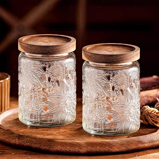Vintage Glass Jars with Wooden Lids, 24 oz Airtight Glass Food Storage Containers Sets for the Kitchen, Sugar Coffee Tea Cookie Candy Spice Pasta（Sunflower）