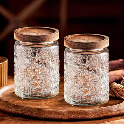Vintage Glass Jars with Wooden Lids, 24 oz Airtight Glass Food Storage Containers Sets for the Kitchen, Sugar Coffee Tea Cookie Candy Spice Pasta（Sunflower）