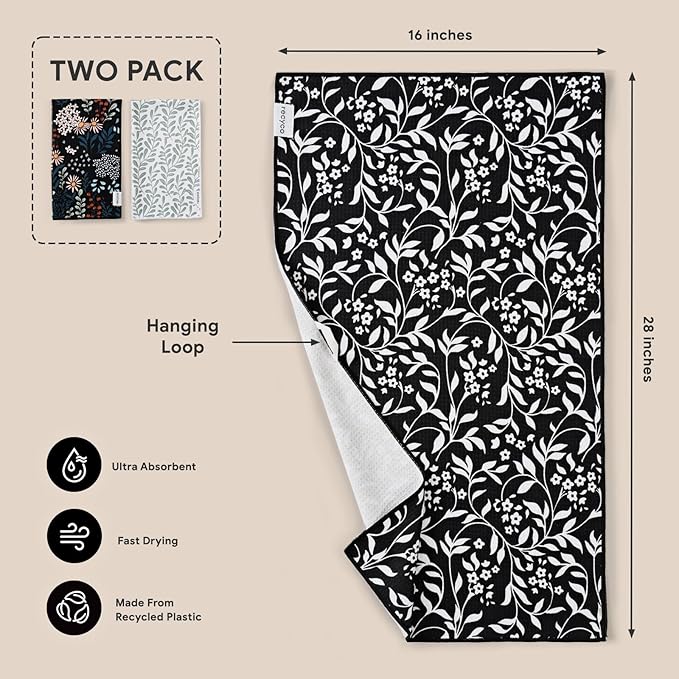 RECYCO Waffle Kitchen Towels Set of 2 Quick Dry Microfiber Sustainable Lightweight Hand Towels Enchanted Bloom 16x28