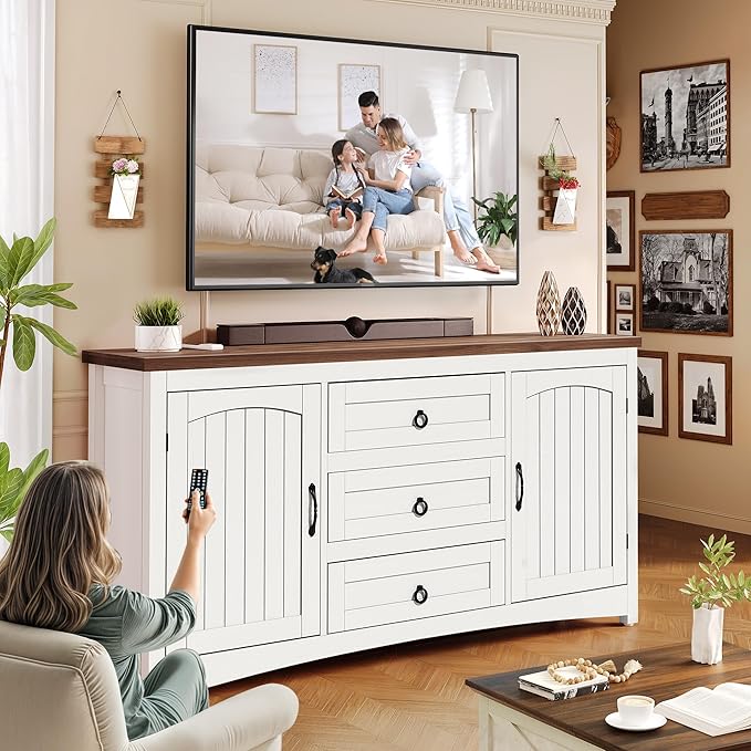 YITAHOME TV Stand for 65 Inch TVs, 31.4" Tall Entertainment Center with Storage Cabinets and Drawers, Media TV Console with Barn Doors for Living Room, White