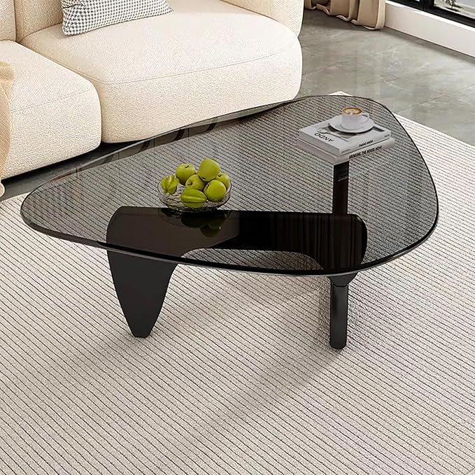 Mid Century Modern Glass Coffee Table for Living Room, Small Coffee Tables, Suitable for Bedroom Living Room Reception Office Tables（Black/Grey，Medium）