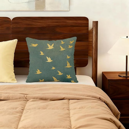 Japanese Elegant Gold Crane Bird Pillow Covers 18x18, Japandi Home Decor, Modern Minimalist Traditional Oriental Asian Birds Pillow Cover Pillowcase for Home Bedroom Bed Couch Living Room